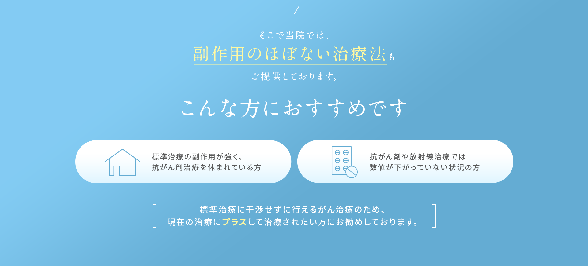 こんな方におすすめです 標準治療の副作用が強く、抗がん剤治療を休まれている方 抗がん剤や放射線治療では数値が下がっていない状況の方